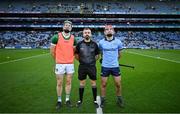 24 February 2024; Referee Kevin Jordan and team captains William O'Donoghue of Limerick, left, and Paddy Smyth of Dublin before the Allianz Hurling League Division 1 Group B match between Dublin and Limerick at Croke Park in Dublin. Photo by Brendan Moran/Sportsfile