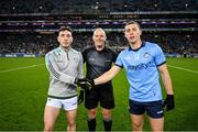 24 February 2024; Referee Conor Lane with team captains Paudie Clifford of Kerry, left, and Con O'Callaghan of Dublin before the Allianz Football League Division 1 match between Dublin and Kerry at Croke Park in Dublin. Photo by Brendan Moran/Sportsfile