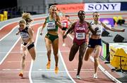 1 March 2024; Talitha Diggs of USA wins her heat of the Women's 400m from Henriette Jæger of Norway, Sharlene Mawdsley of Ireland and Amandine Brossier of France during day one of the World Indoor Athletics Championships 2024 at Emirates Arena in Glasgow, Scotland. Photo by Sam Barnes/Sportsfile