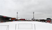 1 March 2024; Snow lies on the pitch before an afternoon pitch inspection before the SSE Airtricity Men's Premier Division match between Bohemians and Dundalk at Dalymount Park in Dublin. Photo by Tyler Miller/Sportsfile
