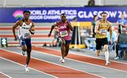 1 March 2024; Noah Lyles of USA, centre, alongside Jeff Erius of France, left, and Aleksandar Askovic of Germany during their heat of the Men's 60m during day one of the World Indoor Athletics Championships 2024 at Emirates Arena in Glasgow, Scotland. Photo by Sam Barnes/Sportsfile
