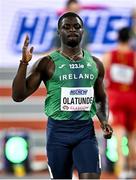 1 March 2024; Israel Olatunde of Ireland before his heat of the Men's 60m during day one of the World Indoor Athletics Championships 2024 at Emirates Arena in Glasgow, Scotland. Photo by Sam Barnes/Sportsfile