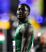 1 March 2024; Israel Olatunde of Ireland after his heat of the Men's 60m during day one of the World Indoor Athletics Championships 2024 at Emirates Arena in Glasgow, Scotland. Photo by Sam Barnes/Sportsfile