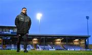 1 March 2024; Leo Gaxha of Galway United walks the pitch before the SSE Airtricity Men's Premier Division match between Galway United and Waterford at Eamonn Deacy Park in Galway. Photo by Tyler Miller/Sportsfile