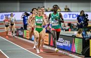 1 March 2024; Diribe Welteji of Ethiopia, right, and Salomé Afonso of Portugal, left, competing in their Women's 1500m heat during day one of the World Indoor Athletics Championships 2024 at Emirates Arena in Glasgow, Scotland. Photo by Sam Barnes/Sportsfile