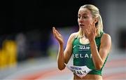 1 March 2024; Sarah Healy of Ireland reacts after finishing sixth in her Women's 1500m heat during day one of the World Indoor Athletics Championships 2024 at Emirates Arena in Glasgow, Scotland. Photo by Sam Barnes/Sportsfile