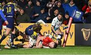1 March 2024; Ruadhán Quinn of Munster scores his side's first try during the United Rugby Championship match between Munster and Zebre Parma at Virgin Media Park in Cork. Photo by Brendan Moran/Sportsfile