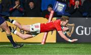 1 March 2024; Mike Haley of Munster scores his side's second try during the United Rugby Championship match between Munster and Zebre Parma at Virgin Media Park in Cork. Photo by Brendan Moran/Sportsfile
