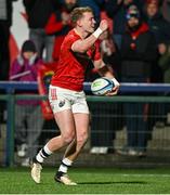 1 March 2024; Mike Haley of Munster celebrates after scoring his side's second try during the United Rugby Championship match between Munster and Zebre Parma at Virgin Media Park in Cork. Photo by Brendan Moran/Sportsfile