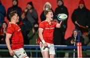 1 March 2024; Mike Haley of Munster celebrates with team mate Gavin Coombes after scoring their side's second try during the United Rugby Championship match between Munster and Zebre Parma at Virgin Media Park in Cork. Photo by Brendan Moran/Sportsfile