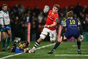 1 March 2024; Alex Kendellen of Munster in action against Simone Gesi of Zebre Parma during the United Rugby Championship match between Munster and Zebre Parma at Virgin Media Park in Cork. Photo by Brendan Moran/Sportsfile