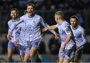 1 March 2024; Pádraig Amond of Waterford, 9, celebrates after scoring his side's first goal during the SSE Airtricity Men's Premier Division match between Galway United and Waterford at Eamonn Deacy Park in Galway. Photo by Tyler Miller/Sportsfile