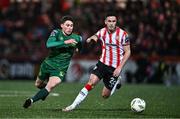 1 March 2024; Kian Leavy of St Patrick's Athletic in action against Jordan McEneff of Derry City during the SSE Airtricity Men's Premier Division match between Derry City and St Patrick's Athletic at The Ryan McBride Brandywell Stadium in Derry. Photo by Ben McShane/Sportsfile