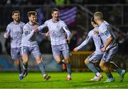 1 March 2024; Pádraig Amond of Waterford, centre, celebrates after scoring his side's first goal during the SSE Airtricity Men's Premier Division match between Galway United and Waterford at Eamonn Deacy Park in Galway. Photo by Tyler Miller/Sportsfile
