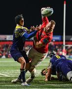1 March 2024; RG Snyman of Munster scores his side's third try despite the attempted tackle from Simone Gesi of Zebre Parma during the United Rugby Championship match between Munster and Zebre Parma at Virgin Media Park in Cork. Photo by Brendan Moran/Sportsfile