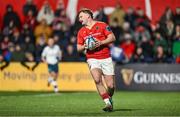 1 March 2024; Seán O'Brien of Munster on his way to scoring his side's fourth try during the United Rugby Championship match between Munster and Zebre Parma at Virgin Media Park in Cork. Photo by Brendan Moran/Sportsfile