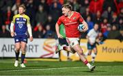 1 March 2024; Seán O'Brien of Munster on his way to scoring his side's fourth try during the United Rugby Championship match between Munster and Zebre Parma at Virgin Media Park in Cork. Photo by Brendan Moran/Sportsfile