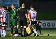 1 March 2024; Patrick Hoban of Derry City pulls down Chris Forrester of St Patrick's Athletic during a break in play in the SSE Airtricity Men's Premier Division match between Derry City and St Patrick's Athletic at The Ryan McBride Brandywell Stadium in Derry. Photo by Ben McShane/Sportsfile