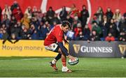1 March 2024; Antoine Frisch of Munster scores his side's fifth try during the United Rugby Championship match between Munster and Zebre Parma at Virgin Media Park in Cork. Photo by Brendan Moran/Sportsfile