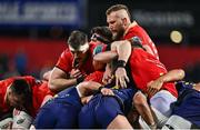 1 March 2024; Tom Ahern, left, and RG Snyman of Munster control a rolling maul during the United Rugby Championship match between Munster and Zebre Parma at Virgin Media Park in Cork. Photo by Brendan Moran/Sportsfile