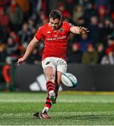 1 March 2024; Tony Butler of Munster kicks a conversion during the United Rugby Championship match between Munster and Zebre Parma at Virgin Media Park in Cork. Photo by Brendan Moran/Sportsfile
