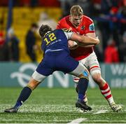 1 March 2024; Gavin Coombes of Munster is tackled by Damiano Mazza of Zebre Parma during the United Rugby Championship match between Munster and Zebre Parma at Virgin Media Park in Cork. Photo by Brendan Moran/Sportsfile