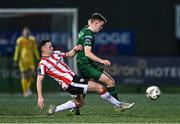 1 March 2024; Brandon Kavanagh of St Patrick's Athletic is tackled by Ben Doherty of Derry City during the SSE Airtricity Men's Premier Division match between Derry City and St Patrick's Athletic at The Ryan McBride Brandywell Stadium in Derry. Photo by Ben McShane/Sportsfile