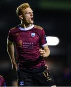1 March 2024; Vincent Borden of Galway United celebrates after scoring his side's first goal during the SSE Airtricity Men's Premier Division match between Galway United and Waterford at Eamonn Deacy Park in Galway. Photo by Tyler Miller/Sportsfile