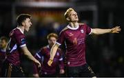 1 March 2024; Vincent Borden of Galway United, right, celebrates with team-mate Edward McCarthy after scoring their side's first goal during the SSE Airtricity Men's Premier Division match between Galway United and Waterford at Eamonn Deacy Park in Galway. Photo by Tyler Miller/Sportsfile