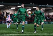 1 March 2024; Ruairi Keating of St Patrick's Athletic celebrates with teammate Anto Breslin, right, after scoring their side's first goal during the SSE Airtricity Men's Premier Division match between Derry City and St Patrick's Athletic at The Ryan McBride Brandywell Stadium in Derry. Photo by Ben McShane/Sportsfile