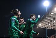 1 March 2024; Ruairi Keating of St Patrick's Athletic celebrates with teammate Anto Breslin, right, after scoring their side's first goal during the SSE Airtricity Men's Premier Division match between Derry City and St Patrick's Athletic at The Ryan McBride Brandywell Stadium in Derry. Photo by Ben McShane/Sportsfile