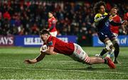 1 March 2024; Ruadhán Quinn of Munster scores his second and his side's sixth try during the United Rugby Championship match between Munster and Zebre Parma at Virgin Media Park in Cork. Photo by Brendan Moran/Sportsfile