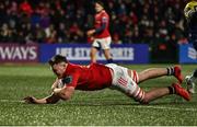 1 March 2024; Ruadhán Quinn of Munster scores his second and his side's sixth try during the United Rugby Championship match between Munster and Zebre Parma at Virgin Media Park in Cork. Photo by Brendan Moran/Sportsfile