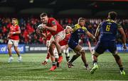 1 March 2024; Ruadhán Quinn of Munster catches a loose lineout on his way to scoring his second and his side's sixth try during the United Rugby Championship match between Munster and Zebre Parma at Virgin Media Park in Cork. Photo by Brendan Moran/Sportsfile