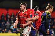 1 March 2024; Ruadhán Quinn of Munster celebrates after scoring his side's sixth try during the United Rugby Championship match between Munster and Zebre Parma at Virgin Media Park in Cork. Photo by Brendan Moran/Sportsfile