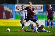 1 March 2024; Vincent Borden of Galway United is tackled by Rowan McDonald of Waterford during the SSE Airtricity Men's Premier Division match between Galway United and Waterford at Eamonn Deacy Park in Galway. Photo by Tyler Miller/Sportsfile