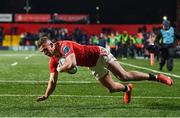 1 March 2024; Shane Daly of Munster scores his side's seventh try during the United Rugby Championship match between Munster and Zebre Parma at Virgin Media Park in Cork. Photo by Brendan Moran/Sportsfile