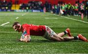 1 March 2024; Shane Daly of Munster scores his side's seventh try during the United Rugby Championship match between Munster and Zebre Parma at Virgin Media Park in Cork. Photo by Brendan Moran/Sportsfile
