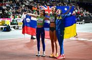 1 March 2024; Women's High Jump medallists, from left, Lia Apostolovski of Slovenia, bronze, Nicola Olyslagers of Australia, gold, and Yaroslava Mahuchikh of Ukraine, silver, celebrate after their final during day one of the World Indoor Athletics Championships 2024 at Emirates Arena in Glasgow, Scotland. Photo by Sam Barnes/Sportsfile