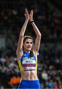 1 March 2024; Yaroslava Mahuchikh of Ukraine celebrates after winning silver in the Women's High Jump final during day one of the World Indoor Athletics Championships 2024 at Emirates Arena in Glasgow, Scotland. Photo by Sam Barnes/Sportsfile