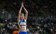 1 March 2024; Yaroslava Mahuchikh of Ukraine celebrates after winning silver in the Women's High Jump final during day one of the World Indoor Athletics Championships 2024 at Emirates Arena in Glasgow, Scotland. Photo by Sam Barnes/Sportsfile