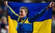 1 March 2024; Yaroslava Mahuchikh of Ukraine celebrates after winning siler in the Women's High Jump final during day one of the World Indoor Athletics Championships 2024 at Emirates Arena in Glasgow, Scotland. Photo by Sam Barnes/Sportsfile