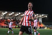 1 March 2024; Winning goalscorer Danny Mullen of Derry City celebrates after the SSE Airtricity Men's Premier Division match between Derry City and St Patrick's Athletic at The Ryan McBride Brandywell Stadium in Derry. Photo by Ben McShane/Sportsfile