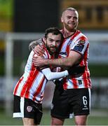 1 March 2024; Paul McMullan, left, and Mark Connolly of Derry City celebrate after the SSE Airtricity Men's Premier Division match between Derry City and St Patrick's Athletic at The Ryan McBride Brandywell Stadium in Derry. Photo by Ben McShane/Sportsfile