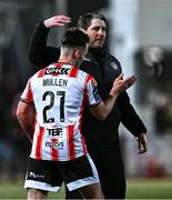 1 March 2024; Derry City manager Ruaidhrí Higgins celebrates with winning goalscorer Danny Mullen of Derry City after the SSE Airtricity Men's Premier Division match between Derry City and St Patrick's Athletic at The Ryan McBride Brandywell Stadium in Derry. Photo by Ben McShane/Sportsfile