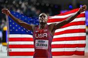 1 March 2024; Christian Coleman of USA celebrates after winning gold in the Men's 60m final during day one of the World Indoor Athletics Championships 2024 at Emirates Arena in Glasgow, Scotland. Photo by Sam Barnes/Sportsfile