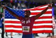 1 March 2024; Noah Lyles of USA celebrates after winning silver in the Men's 60m final during day one of the World Indoor Athletics Championships 2024 at Emirates Arena in Glasgow, Scotland. Photo by Sam Barnes/Sportsfile