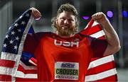 1 March 2024; Ryan Crouser of USA celebrates after winning gold in the Men's Shot Put final during day one of the World Indoor Athletics Championships 2024 at Emirates Arena in Glasgow, Scotland. Photo by Sam Barnes/Sportsfile