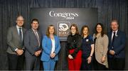 2 March 2024; In attendance at the LGFA Annual Congress at The Falls Hotel in Ennistymon, Clare, are from left, Uachtarán Chumann Lúthchleas Gael Jarlath Burns, Uachtarán Cumann Peil Gael na mBan, Mícheál Naughton, LGFA cihef executive Helen O'Rourke, Camogie Association president Hilda Breslin, GAA Rounders national secretary Paula Doherty, Camogie Association chief executive Snead McNulty and GAA Handball president Conor McDonnell. Photo by Brendan Moran/Sportsfile