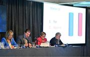 2 March 2024; Uachtarán Cumann Peil Gael na mBan Mícheál Naughton, second from left, with from left, chief executive Helen O'Rourke and LGFA assistant secretary Kathleen Kane during the LGFA Annual Congress at The Falls Hotel in Ennistymon, Clare. Photo by Brendan Moran/Sportsfile